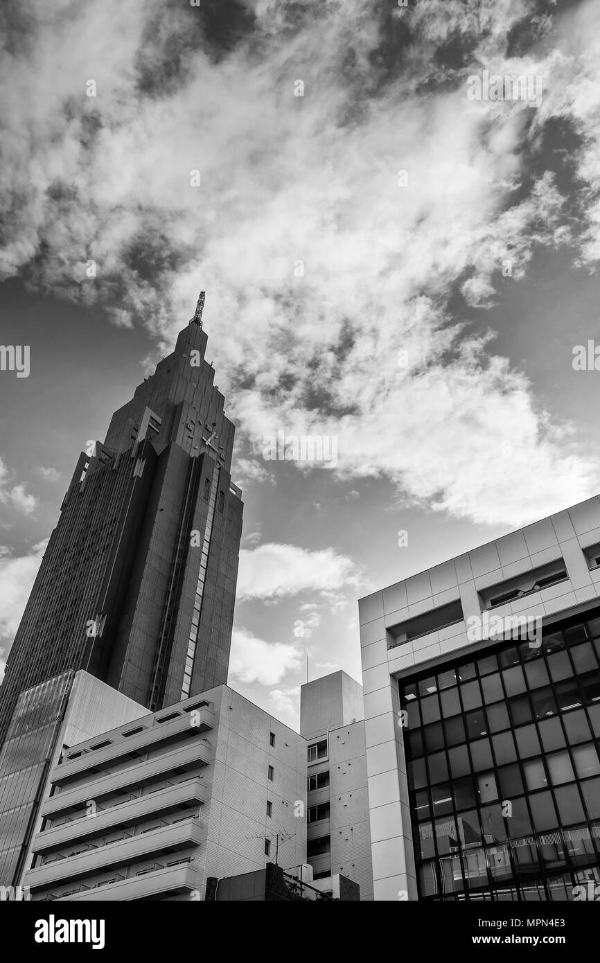 Black and white view of the NTT Docomo Yoyogi building, Shibuya, Tokyo, Japan Stock Photo