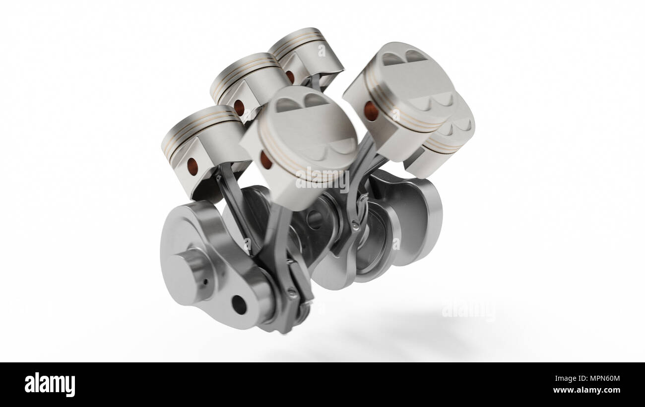 3d rendering of an internal combustion engine. Engine parts, crankshaft, pistons, fuel supply system. V6 engine pistons with crankshaft isolated on wh Stock Photo