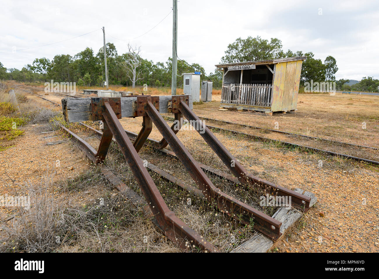 Old railway line and waiting room at Petford, Far North Queensland, FNQ, QLD, Australia Stock Photo