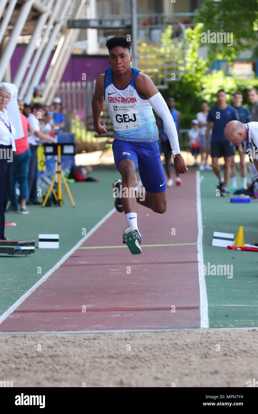 Loughborough, England, 20th, May, 2018.   Wesley Matsuka-Williams competing in the Men's Triple Jump during the LIA Loughborough International Athleti Stock Photo