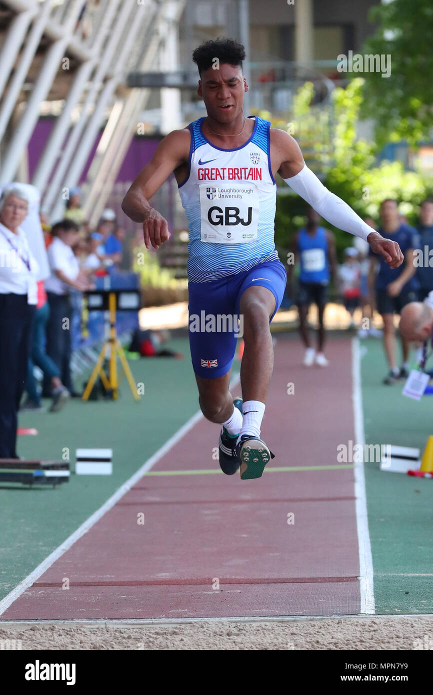 Loughborough, England, 20th, May, 2018.   Wesley Matsuka-Williams competing in the Men's Triple Jump during the LIA Loughborough International Athleti Stock Photo