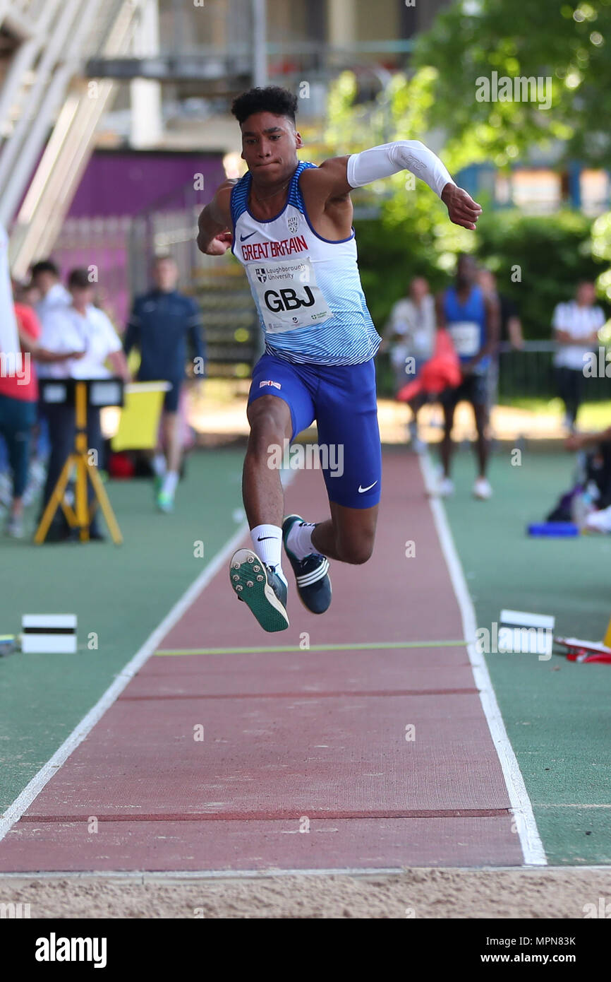 Loughborough, England, 20th, May, 2018.   Wesley Matsuka-Williams competing in the Men's Triple Jump during the LIA Loughborough International Athleti Stock Photo