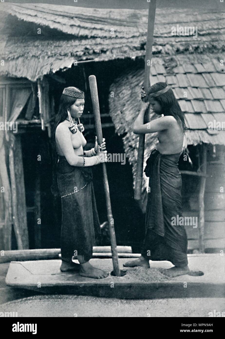 Kenyah women pounding rice, Sarawak, 1902. Artist: Dr Charles Hose. Stock Photo