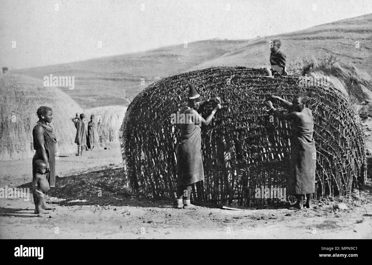 Hut building in Zululand, 1912. Artist: Unknown. Stock Photo