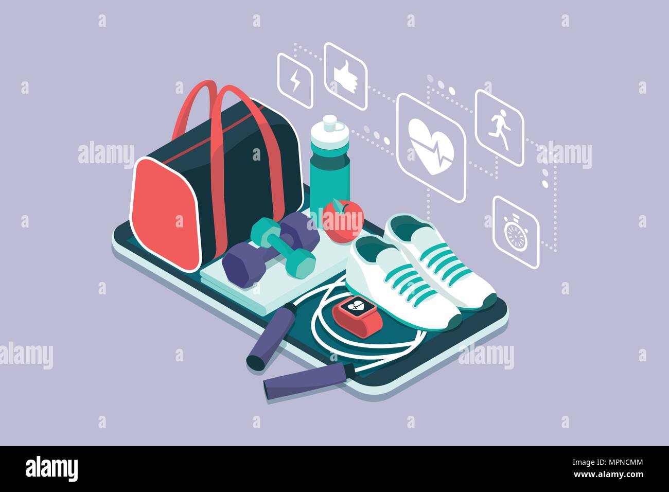 Fitness, training and workout app sports equipment and icons on a touch screen smartphone Stock