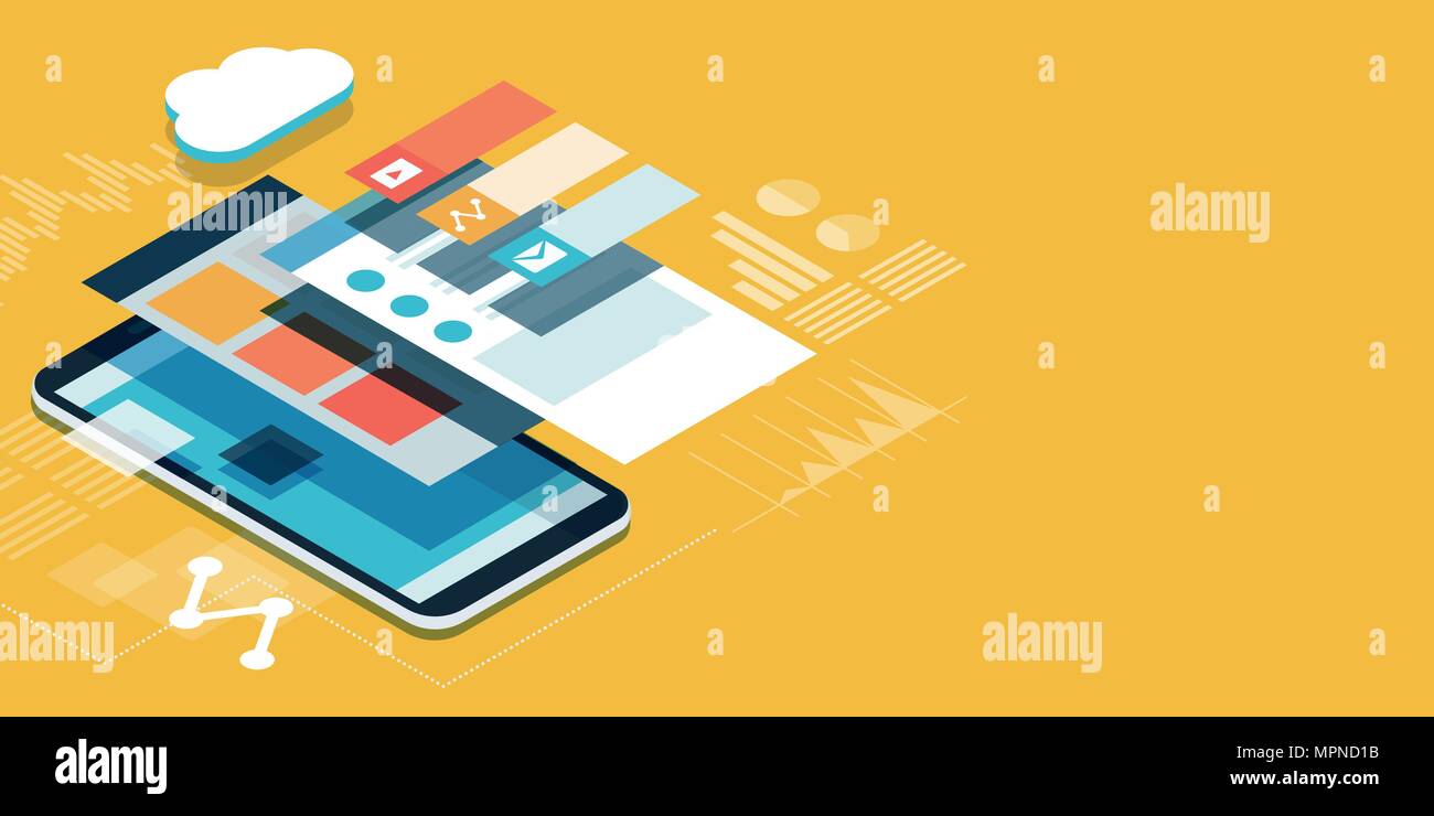 App development and web design: layered user interfaces and screens on a touch screen smartphone Stock Vector