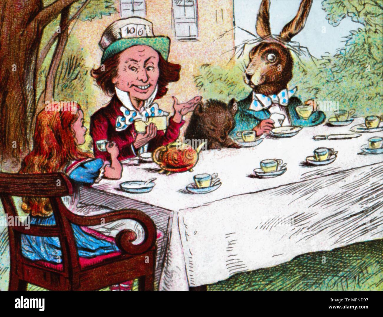 'Alice at the Mad Hatter's Tea Party', c1910. Artist: John Tenniel. Stock Photo