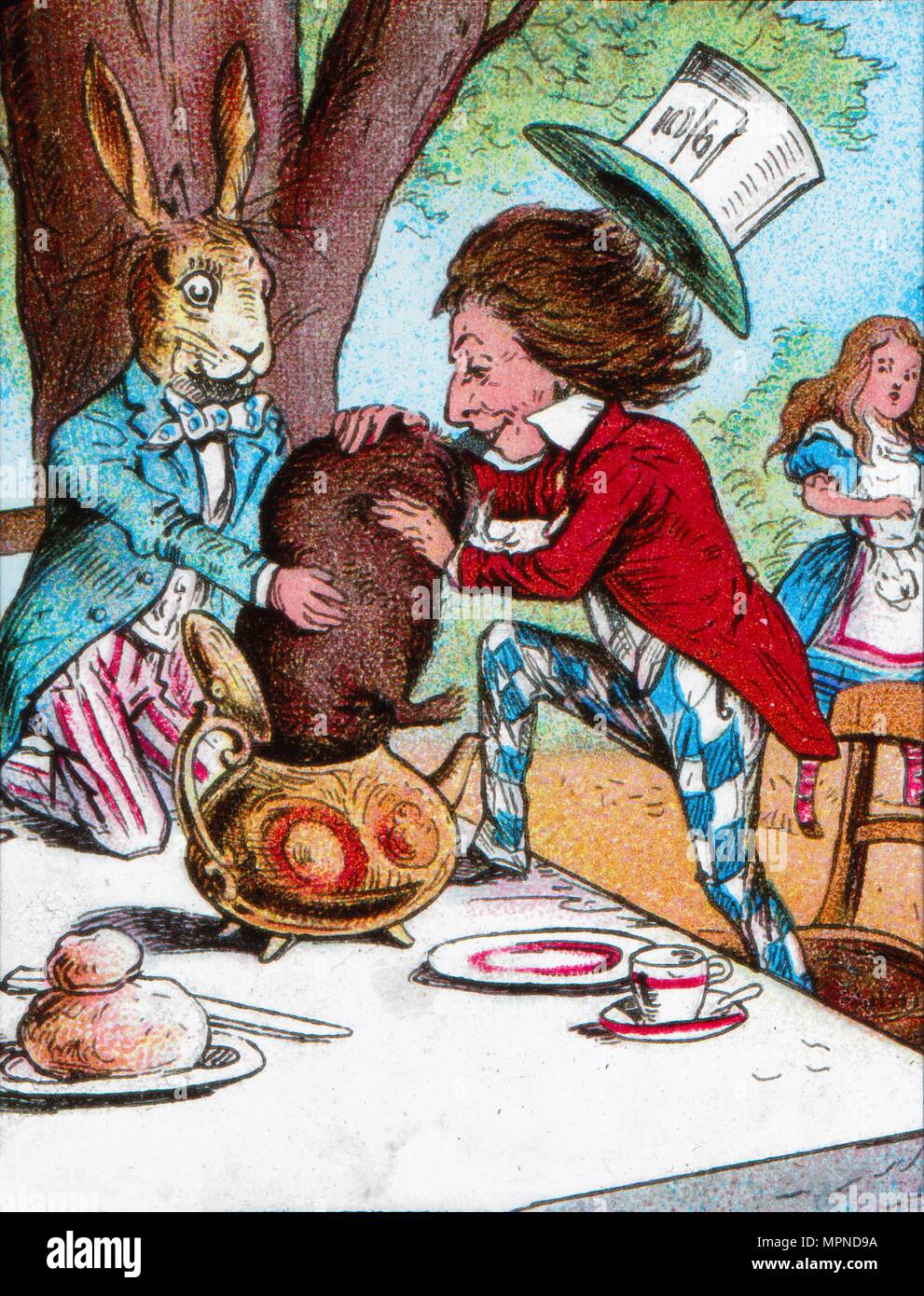'The Mad Hatter and the March Hare trying to put the Dormouse into a