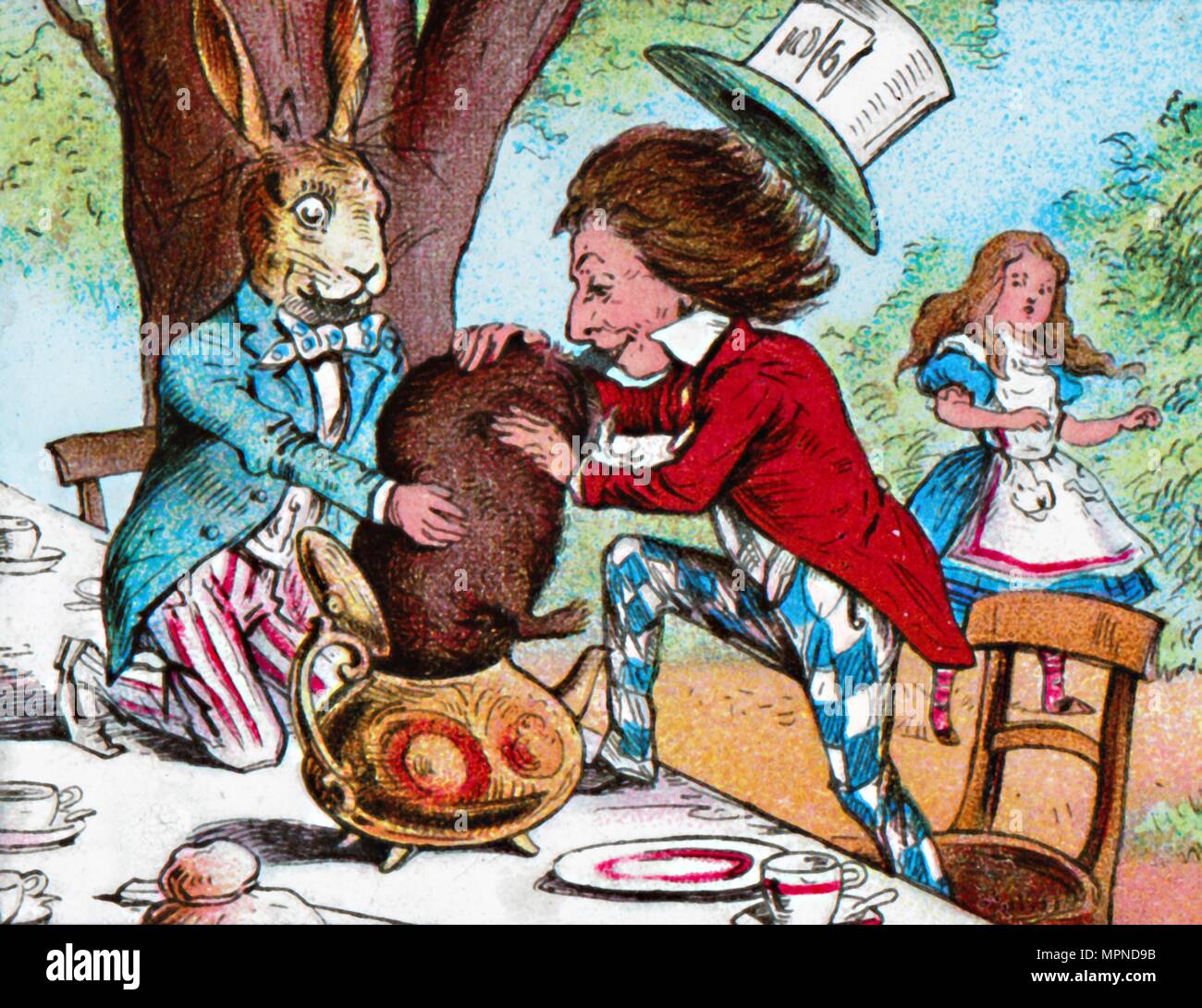 'The Mad Hatter and the March Hare trying to put the Dormouse into a teapot', c1910. Artist: John Tenniel. Stock Photo