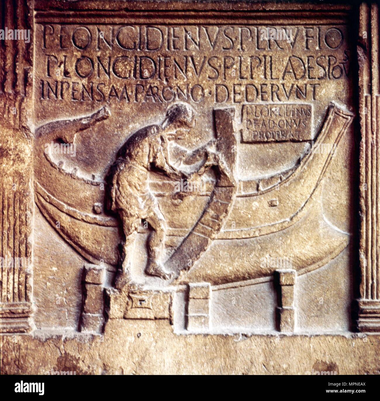 Roman Boat-Builder at work, on stele of Publius Longidienus, c2nd century.  Artist: Unknown. Stock Photo