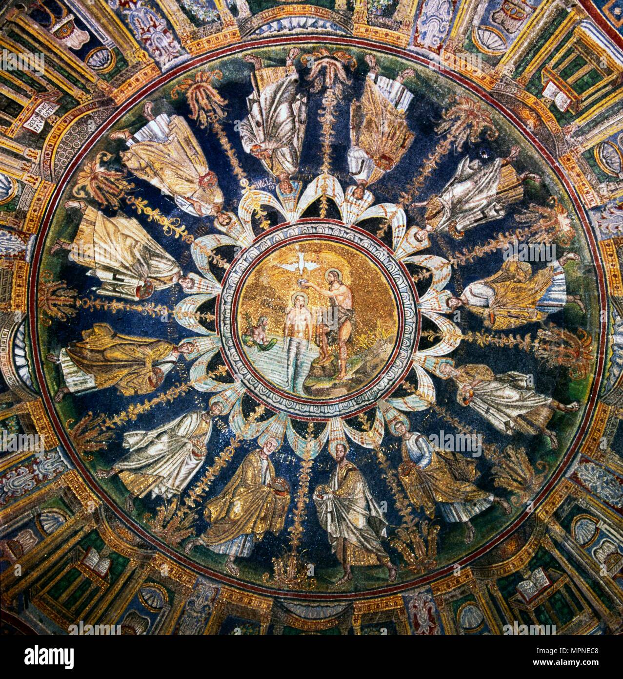 Dome Mosaic in Orthodox Baptistry, Ravenna, Italy, 5th century. Artist: Unknown. Stock Photo