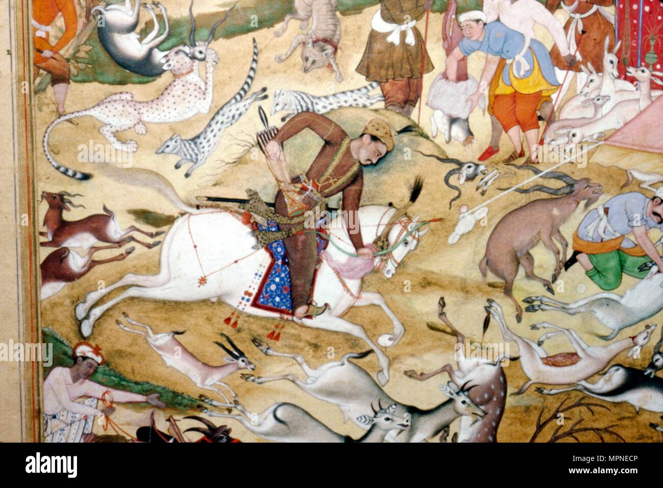 Akbar hunting, Mughal Scool, 1590. Artist: Unknown. Stock Photo