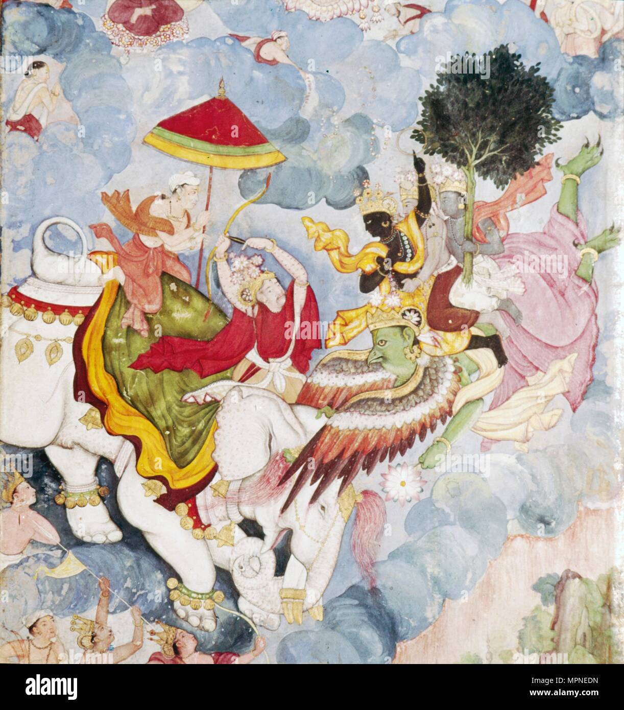 Krishna, (on Bird-God, Garuda) fights Indra (on elephant), Harivamsa manuscript, c1590. Artist: Unknown. Stock Photo