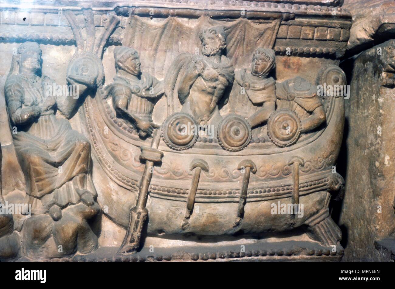 Etruscan Relief on funerary Urn, Odysseus (Ulysses) bound to mast with Sirens, c4th century BC. Artist: Unknown. Stock Photo