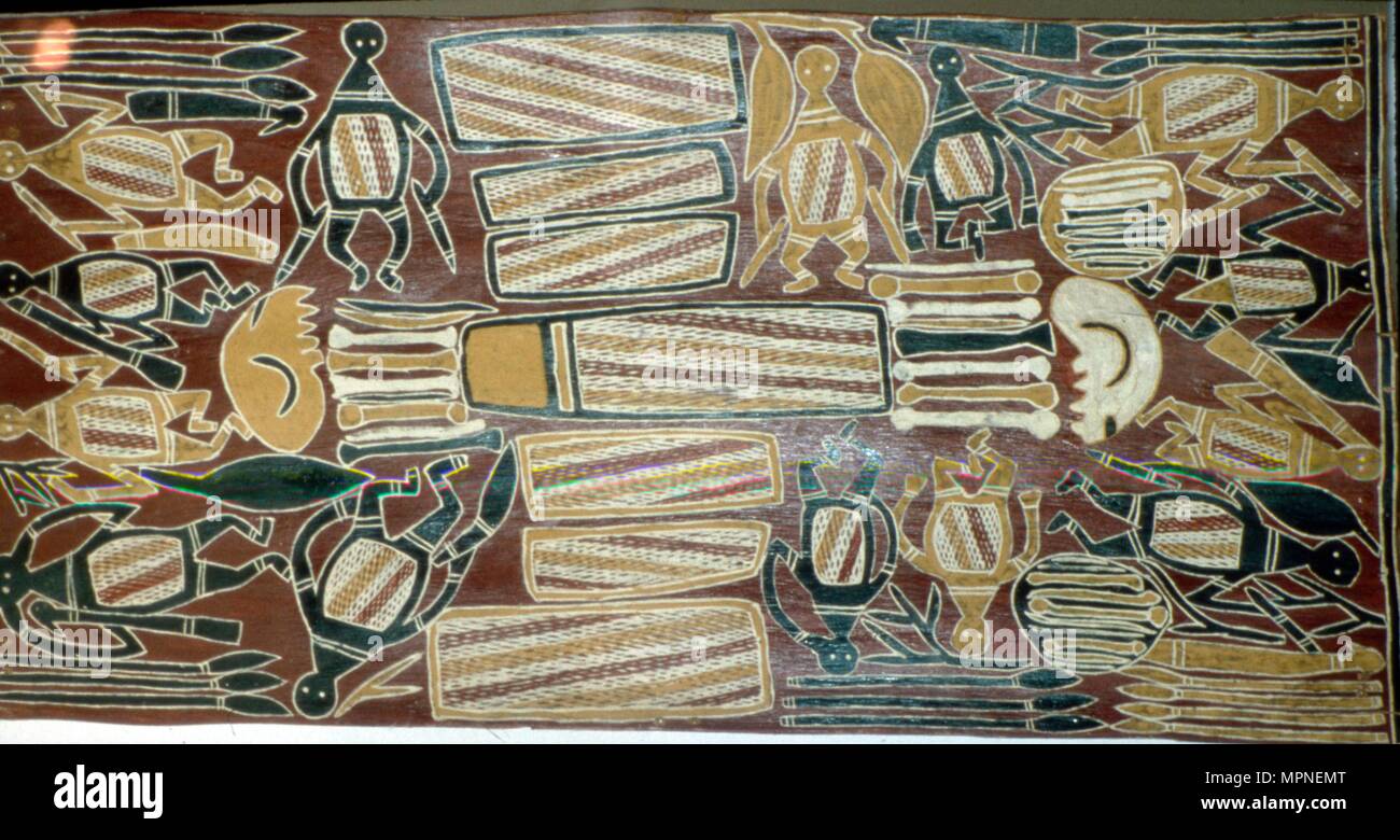 Australian Aboriginal Bark Painting. Artist: Unknown. Stock Photo