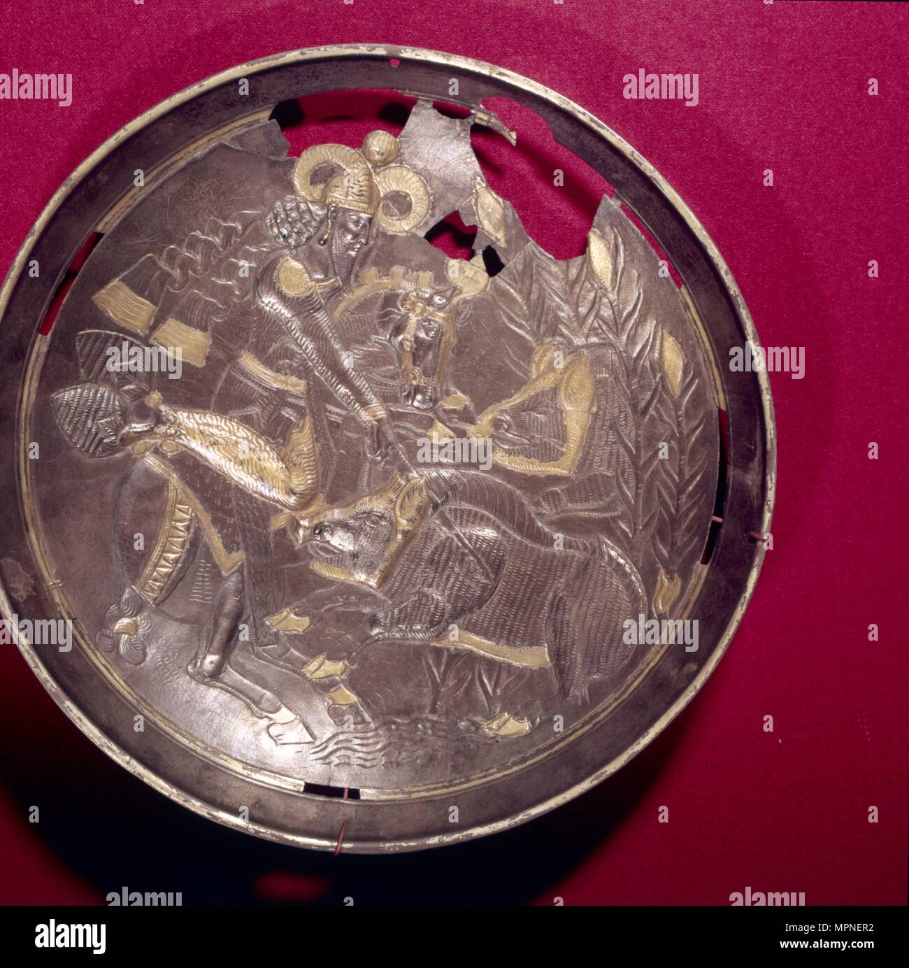 Sassanian Silver-Gilt Dish, King Hunts Boar, c 3rd-7th century Artist: Unknown. Stock Photo