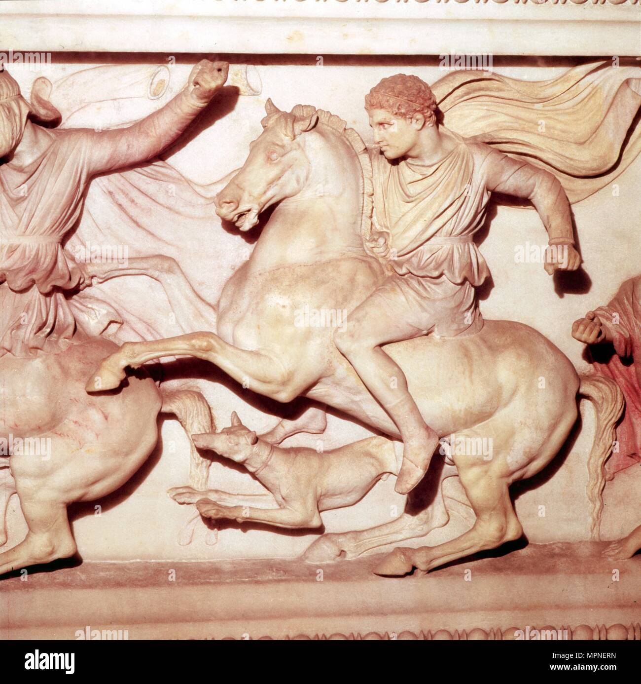 Alexander the Great of Macedon, Hunting detail from Alexander Sarcophagus, late 4th Century BC. Artist: Unknown. Stock Photo
