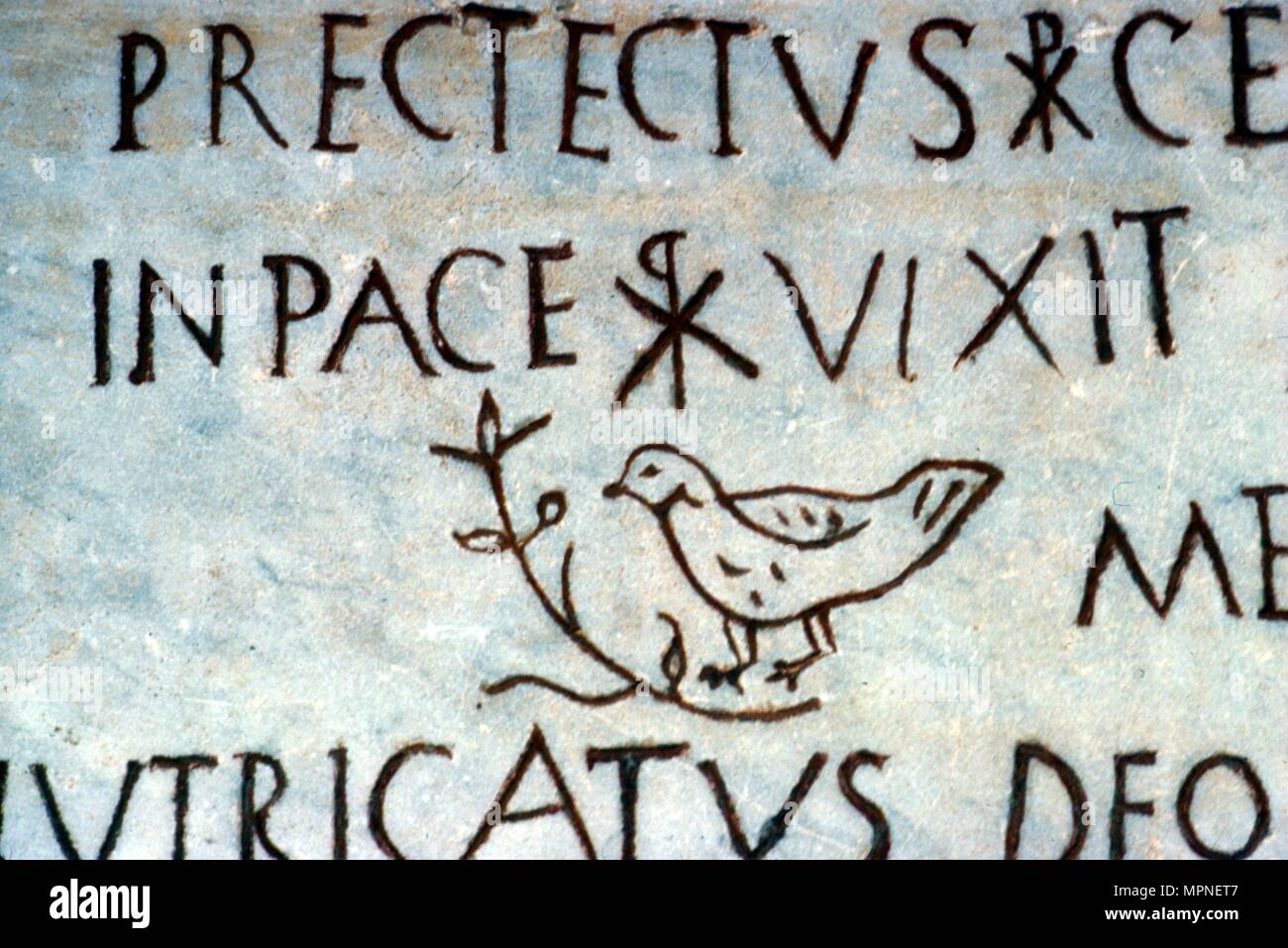 Detail of early Christian funerary inscription from the Catacombs of Rome, c3rd century Artist: Unknown. Stock Photo