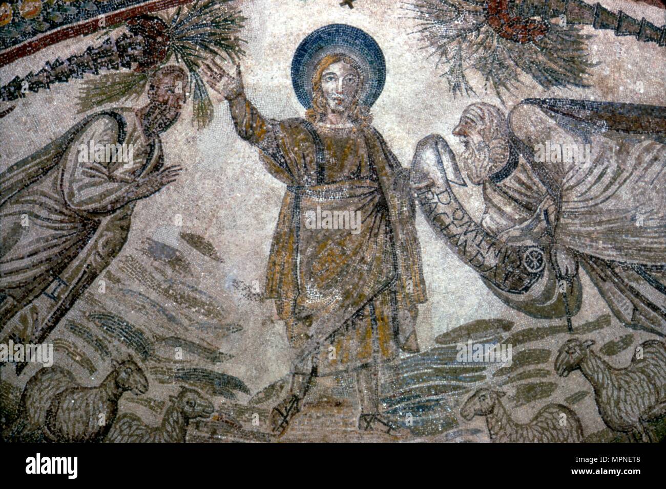 Christ with St Paul and St Peter (right), Mosail detail, Church of Santa Costanza, Rome, 350 BC. Artist: Unknown. Stock Photo