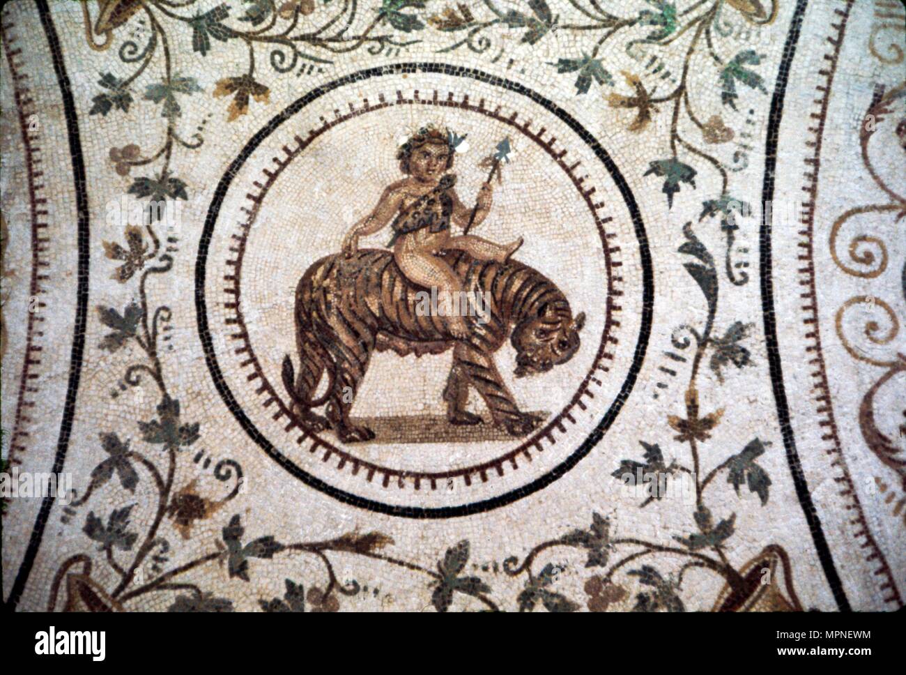 Infant Dionysus Riding on a Tiger, Roman mosaic detail at El Djem, Tunisia. c2nd century.  Artist: Unknown. Stock Photo
