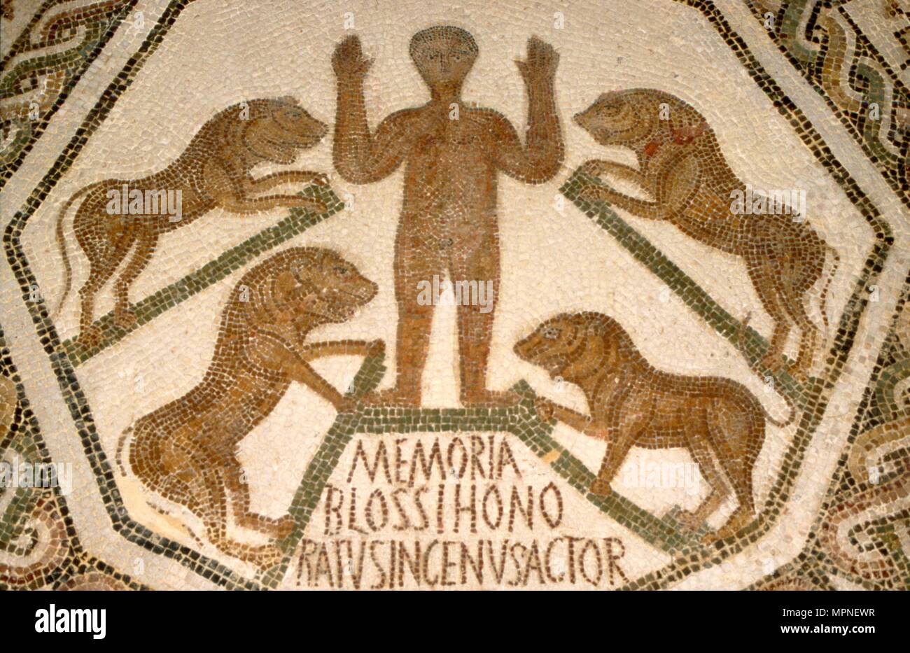 Early Christian/Roman mosaic of Christian attacked by lions, c1st-2nd century.  Artist: Unknown. Stock Photo