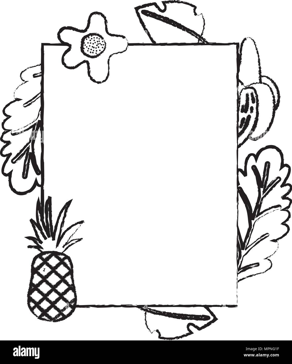 grunge emblem style with tropical plants and fruits vector illustration ...
