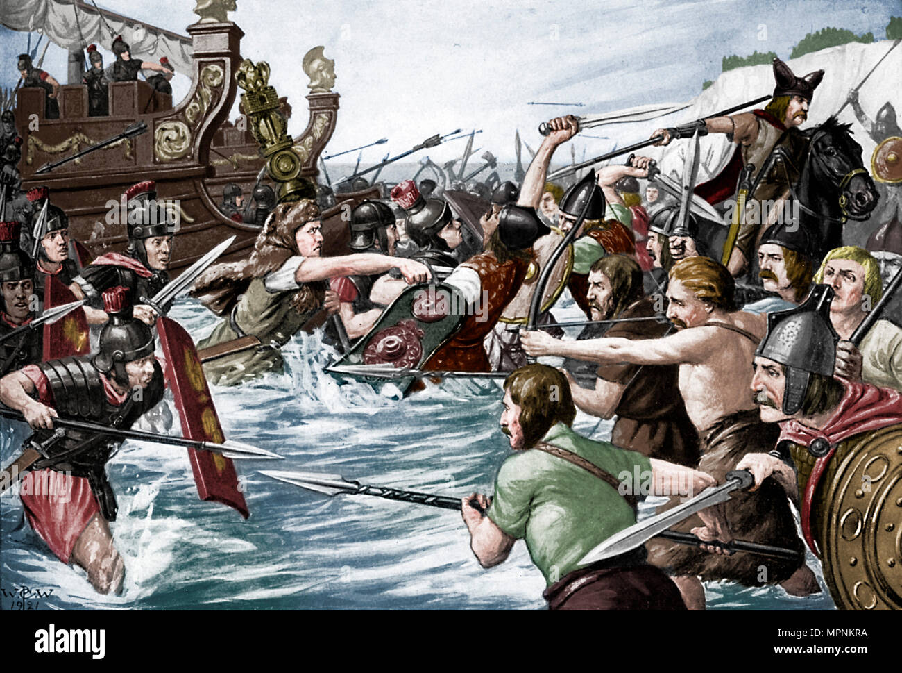 The landing of Julius Caesar in Britain, 55 BC, (c1920s). Artist: Richard Caton Woodville II. Stock Photo