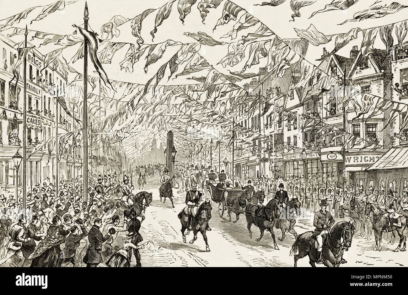 Queen Victoria royal procession along High Street Whitechapel East London England UK 14th May 1887 with bunting & crowds cheering. 19th century Victorian engraving circa 1887 Stock Photo