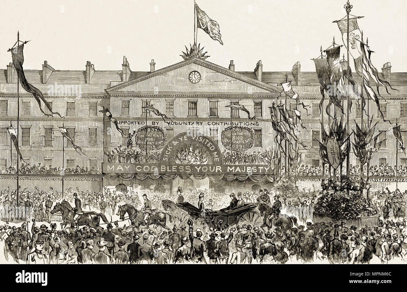 Queen Victoria royal procession passing The London Hospital Whitechapel East London England UK 14th May 1887 with bunting & crowds cheering. 19th century Victorian engraving circa 1887 Stock Photo