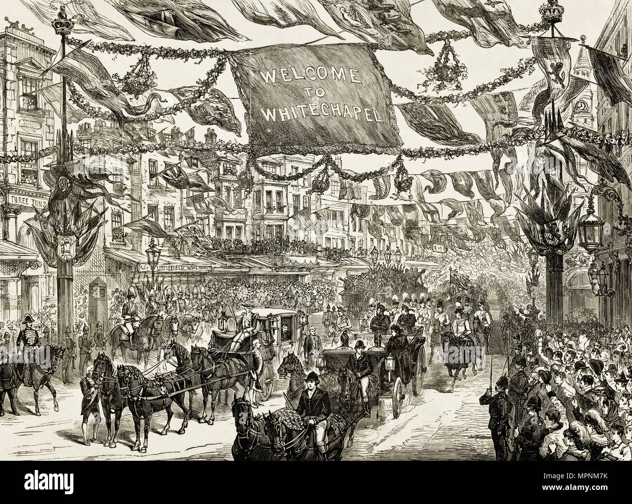 Queen Victoria royal procession in High Street Aldgate passing the city boundary Whitechapel East London England UK 14th May 1887 with bunting & crowds cheering. 19th century Victorian engraving circa 1887 Stock Photo