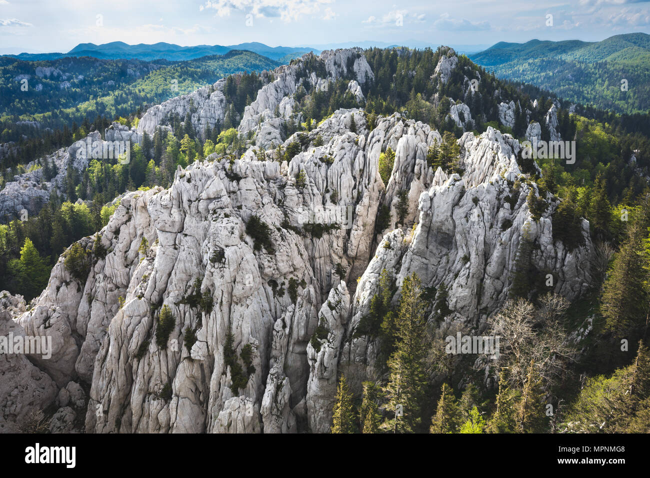 Eroded limestone peaks surrounded by forest, in pristine karst wilderness of Bijele stijene natural reserve, Croatia Stock Photo