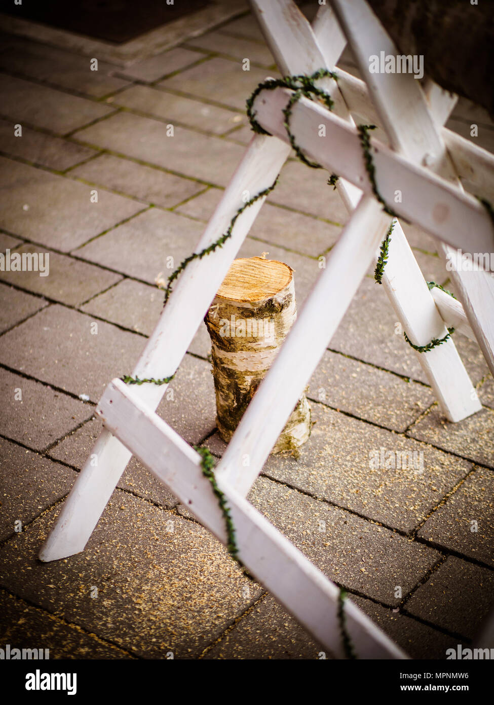 the sawhorse with wood on the wedding Stock Photo
