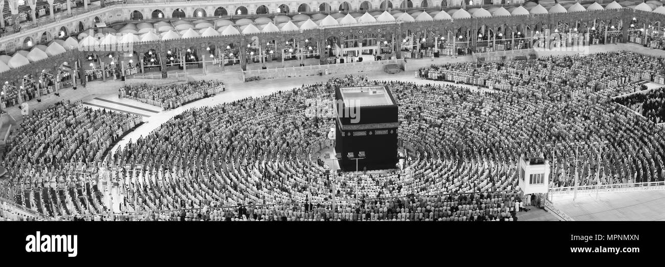 Muslims Prayer Around AlKaaba in Mecca, Saudi Arabia, Aerial View Stock Photo