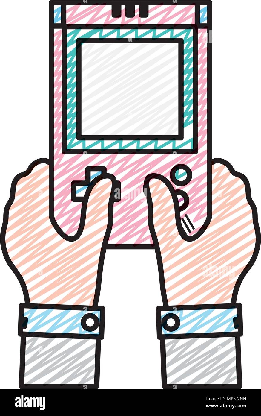 doodle man hands with tetris handhelp videogame vector illustration ...