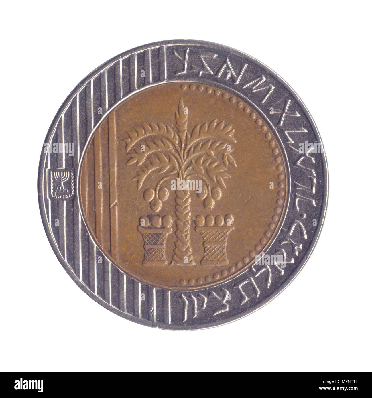 Ten New Israeli Shekel coin (ILS or NIS) on white background Stock Photo