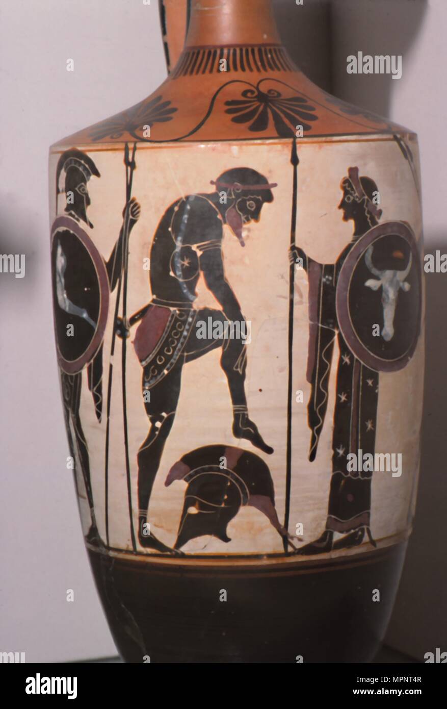 Black figured Lekytkos (oil-bottle), Warrior Arming, Athens, c490BC Artist: Edinburgh Painter. Stock Photo