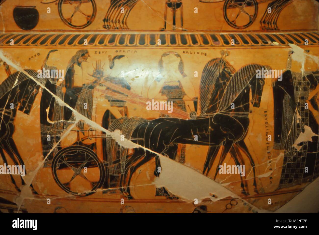 Detail of Zeus and Hera in a chariot with Kaliope from the Francois Vase, c6th century BC Artists: Ergotimos, Kleitias. Stock Photo