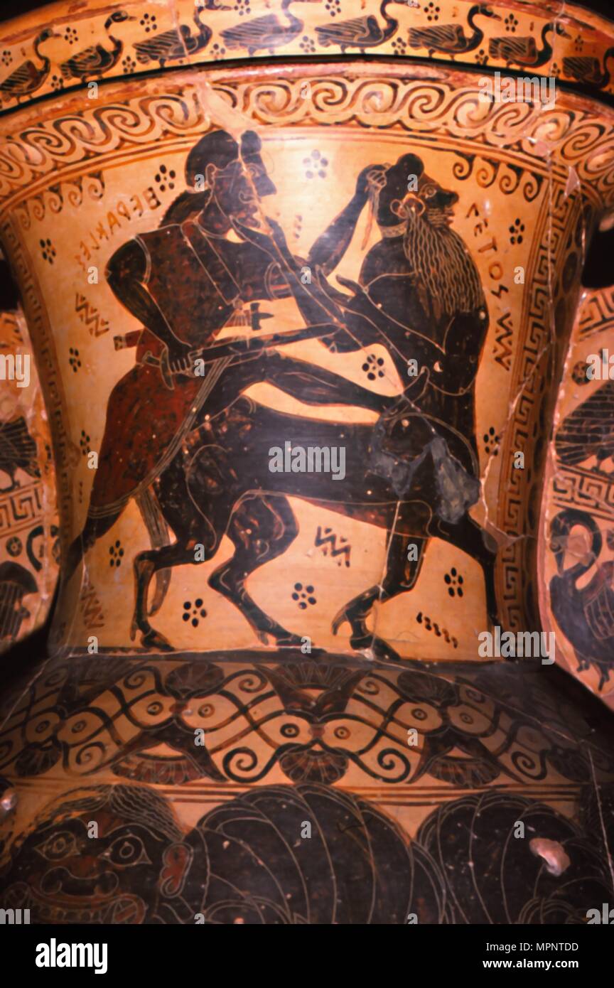 Hercules and the Centaur Setos, Detail of Greek Pot, Corinthian, c7th century BC. Artist: Nessos Painter. Stock Photo