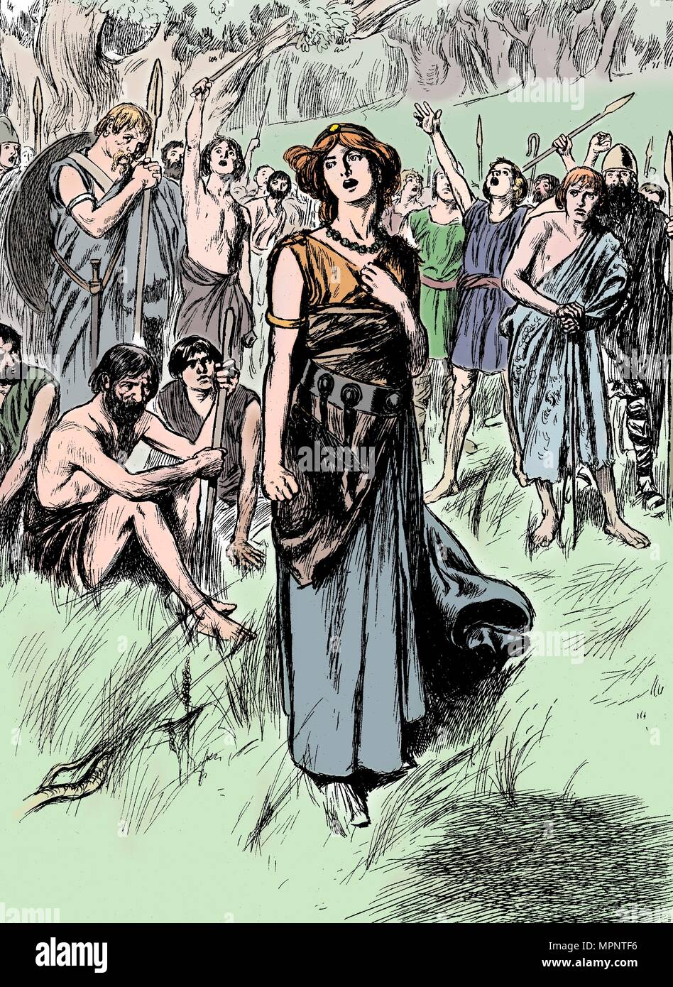 Boudicca (Boadicea) lst century British queen of the Iceni, rallying her troops, c1900. Artist: Unknown. Stock Photo