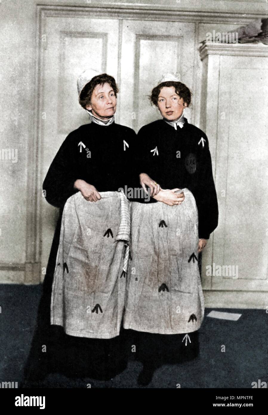 Emmeline and Christabel Pankhurst, English suffragettes, in prison dress, 1908. Artist: Unknown. Stock Photo
