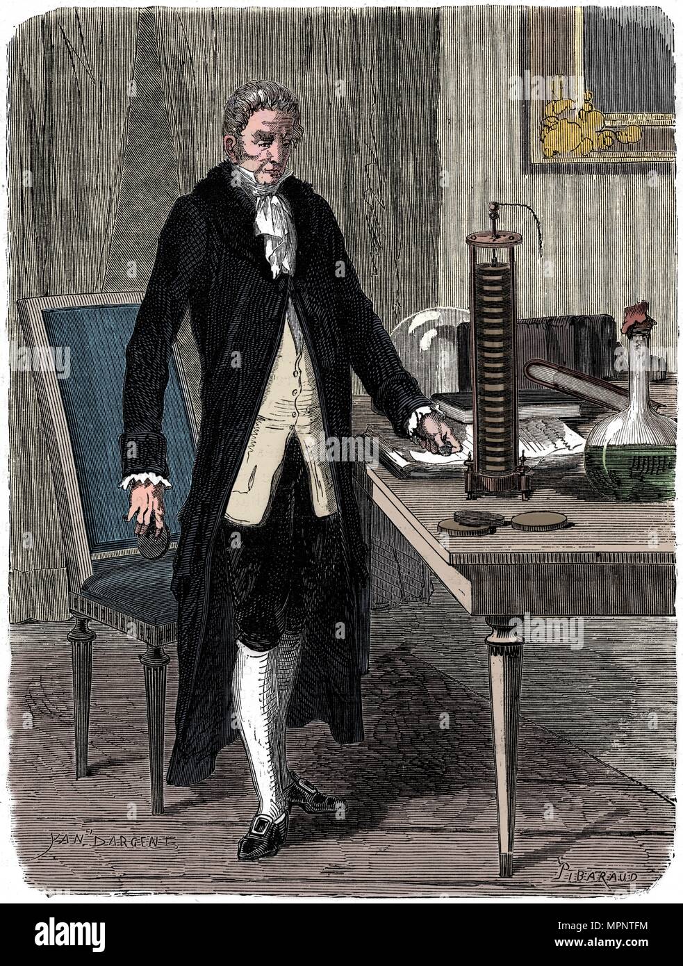 Alessandro Volta, Italian physicist, demonstrating his electric pile (battery), c1800 (c1870). Artist: Unknown. Stock Photo