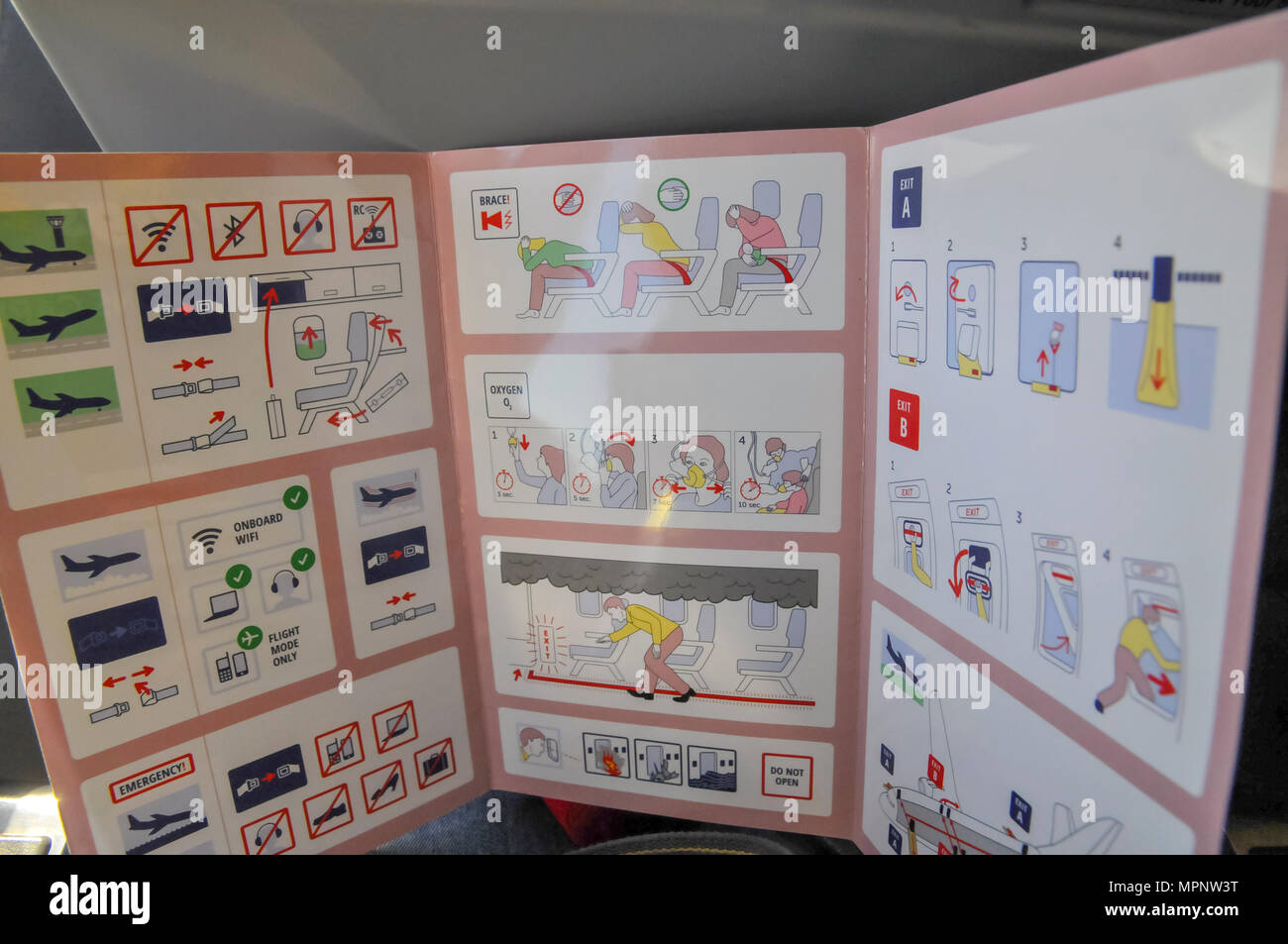 Safety manual in the Interior of the cabin of a Travel Service Airlines (Czech Republic) Boeing 737-800