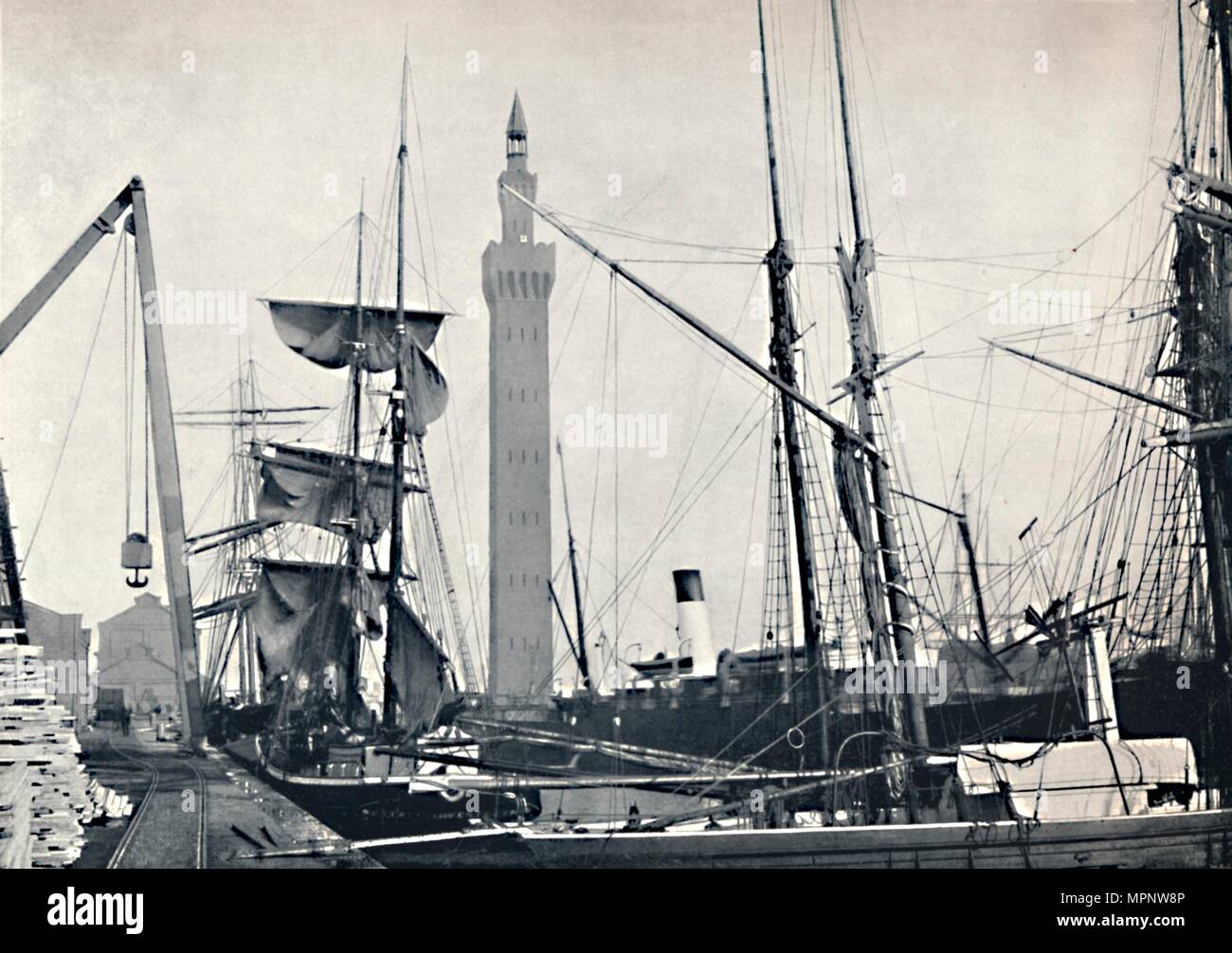 'Grimsby - View of the Docks, with the Hydraulic Tower', 1895. Artist: Unknown. Stock Photo