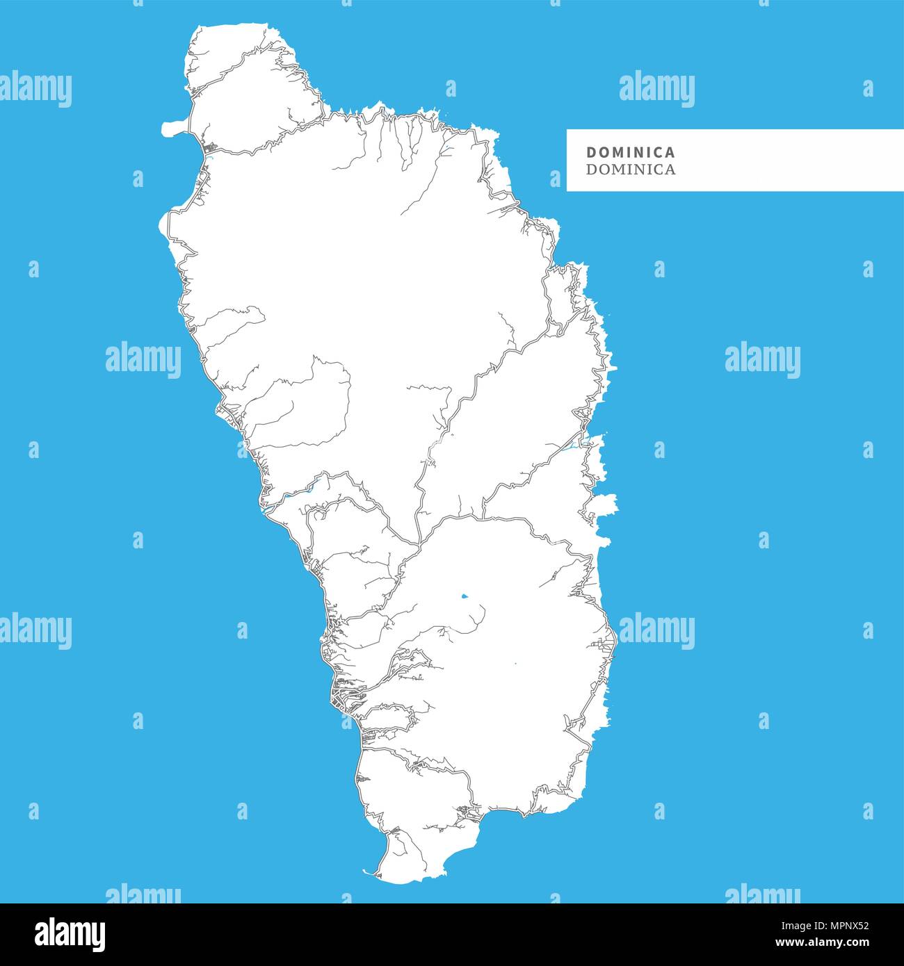 Map of Dominica Island, Dominica, contains geography outlines for land