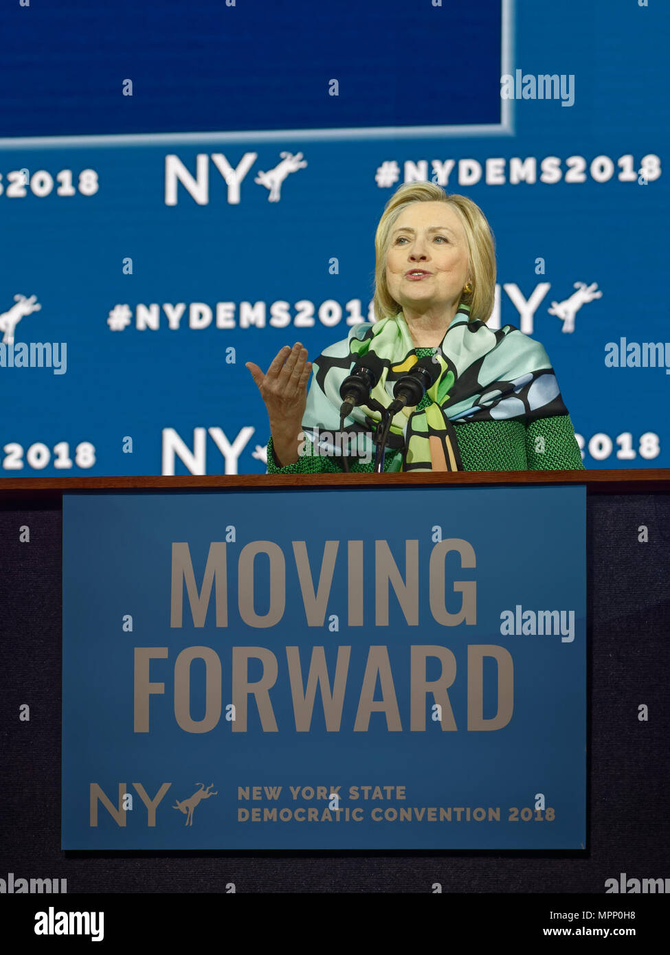 Long Island, USA. 23rd May, 2018. HILLARY CLINTON delivers Keynote Address during Day 1 of New York State Democratic Convention, held at Hofstra University on Long Island. Clinton, the former First Lady and NYS Senator, endorsed the re-election of Gov. A. Cuomo for a third term, and mentioned how Hofstra was the site of her first 2016 debate with Trump. Credit: Ann E Parry/Alamy Live News Stock Photo