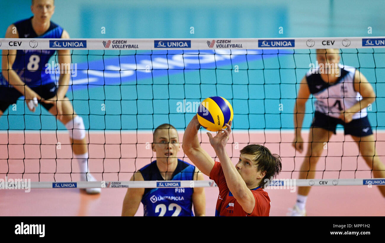 Prague, Czech Republic. 23rd May, 2018. From left ELVISS KRASTINS (FIN), ANTTI SAKARI MAKINEN (FIN), JAKUB JANOUCH (CZE), LURI KERMINEN (FIN) in action during the match of 2018 CEV Volleyball Golden European League - Men, Czech Republic vs Finland in Prague, Czech Republic, May 23, 2018. Credit: Michal Kamaryt/CTK Photo/Alamy Live News Stock Photo