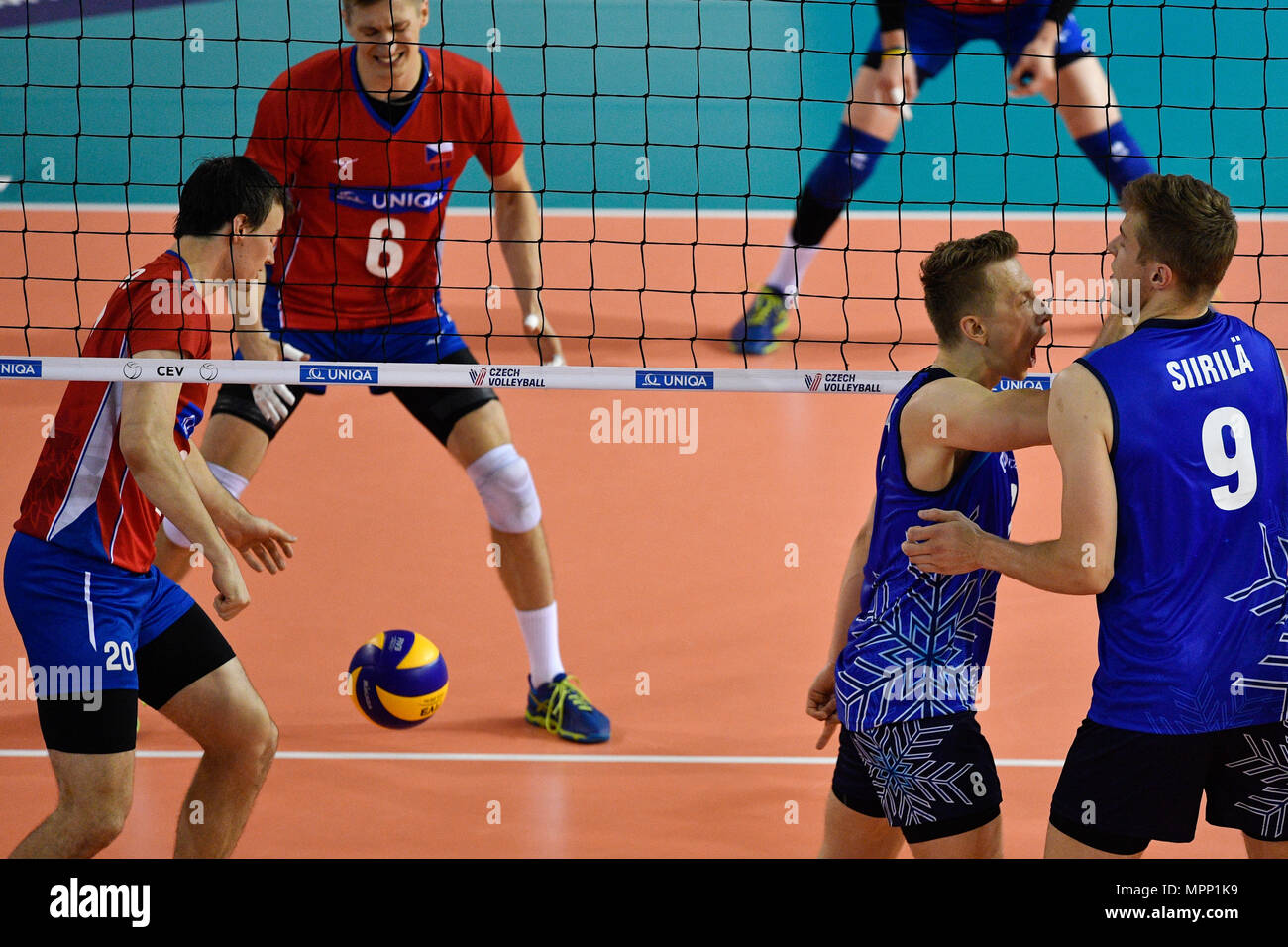 Prague, Czech Republic. 23rd May, 2018. From left Czech Vojtech Patocka, Michal Finger and Fin Elviss Krastins, Tommi Siirila in action during the match of 2018 CEV Volleyball Golden European League - Men, Czech Republic vs Finland in Prague, Czech Republic, May 23, 2018. Credit: Michal Kamaryt/CTK Photo/Alamy Live News Stock Photo