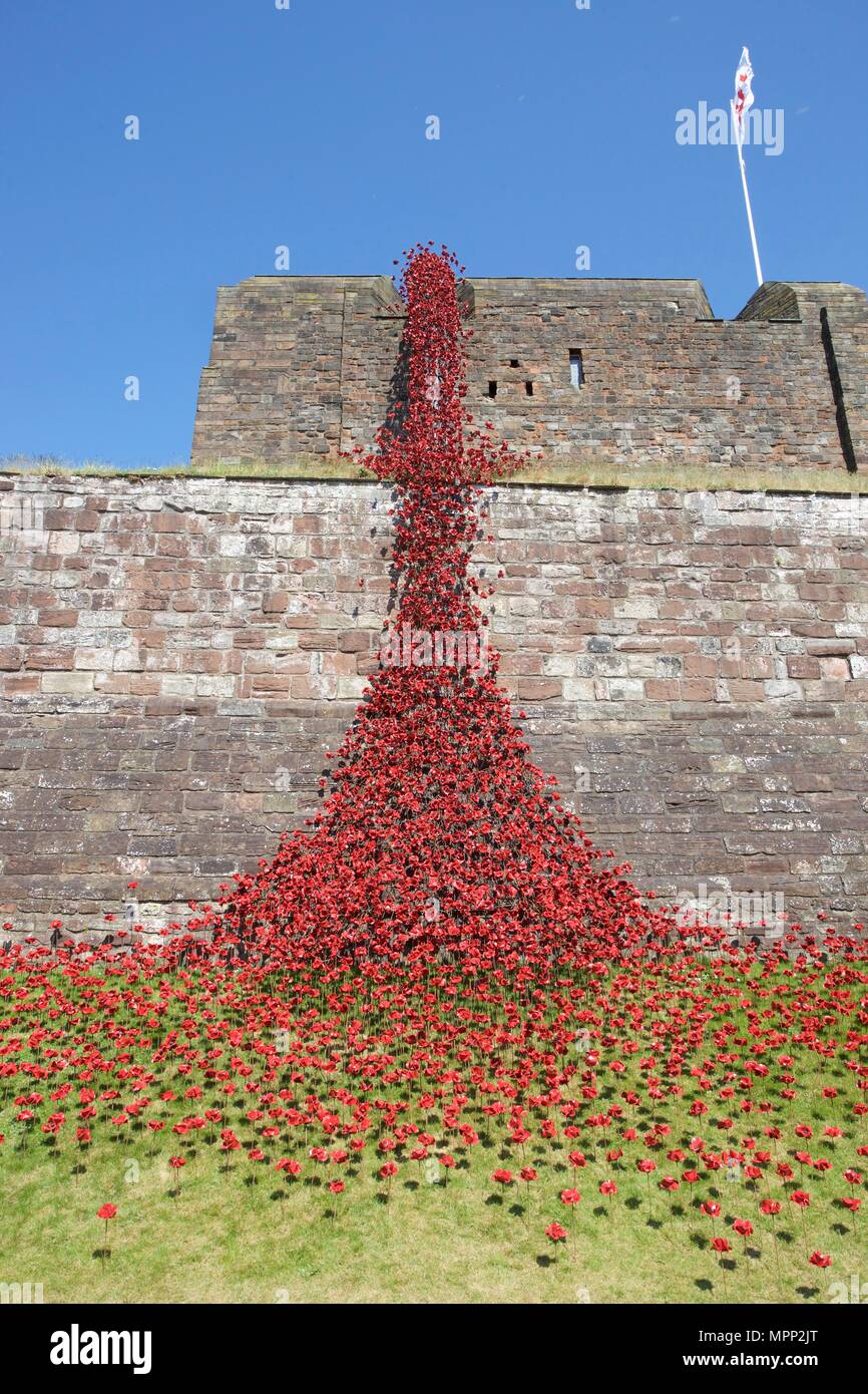 Carlisle Castle, Carlisle Cumbria, UK. 23rd, May, 2018. Weeping Window of  ceramic poppies art installation at Carlisle Castle. The project commemorates the First World War and is by artist Paul Cummins and designer Tom Piper. Part of Blood Swept Lands and Seas of Red installation. Credit: Andrew Findlay/Alamy Live News Stock Photo