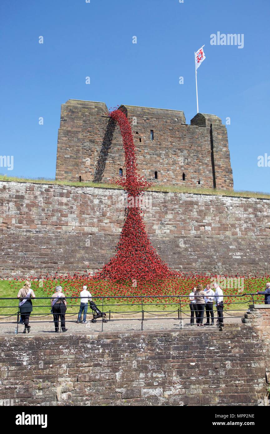 Carlisle Castle, Carlisle Cumbria, UK. 23rd, May, 2018. Weeping Window of  ceramic poppies art installation at Carlisle Castle. The project commemorates the First World War and is by artist Paul Cummins and designer Tom Piper. Part of Blood Swept Lands and Seas of Red installation. Credit: Andrew Findlay/Alamy Live News Stock Photo