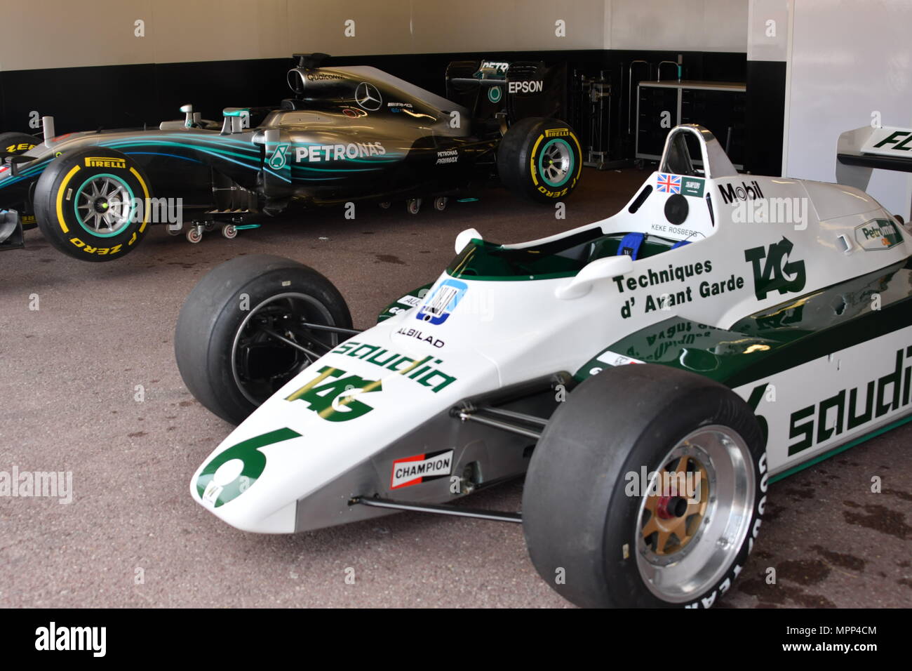 Monte-Carlo, Monaco 24, 05, 2018 F1 Grand Prix of Monte-Carlo day of test  in the photo: the Mercedes of Nico Rosberg in comparison with the williams  of Keke Rosberg father and son, image size:1300x956
